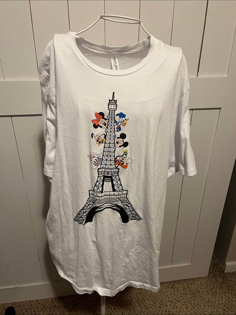 Disney White Short Sleeve Tee with Eiffel Tower and Colorful Character Accents